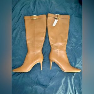 Calvin Klein GLYDIA STILETTO KNEE HIGH BOOT IN COGNAC WIDE CALF SIZE 9